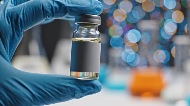 Gloved hand holding a small glass vial with a blank label in a pharmaceutical laboratory with colorful background bokeh lights