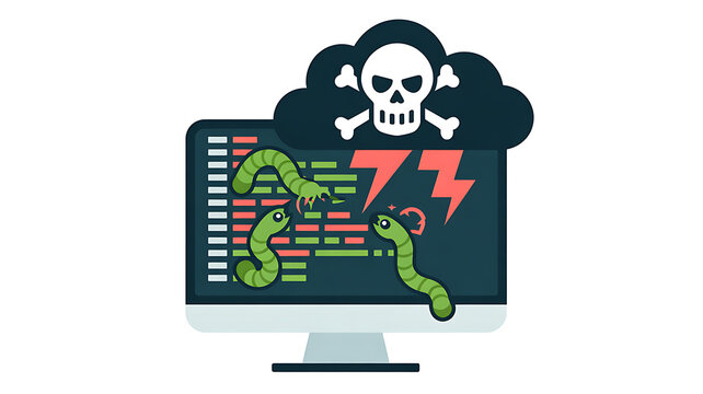 A computer has been hacked by a virus. The monitor screen displays computer worms and a cloud with a skull and crossbones. Illustration in flat design style.  