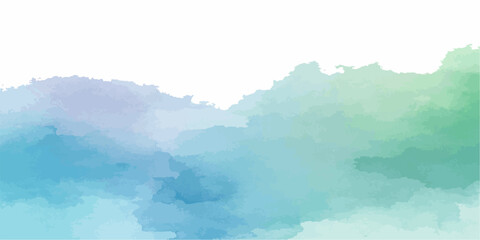 Abstract watercolor hand painted nature landscape featuring blue clouds and a misty mountain valley at sunset © Md