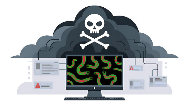 A computer has been hacked by a virus. The monitor screen displays computer worms and a cloud with a skull and crossbones. Illustration in flat design style.  