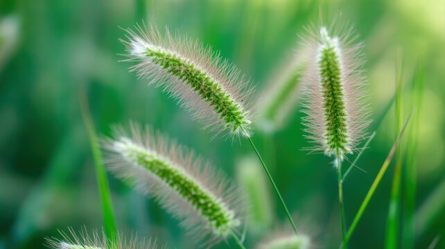 Close-up of green foxtail grass seed heads in a sunlit summer field