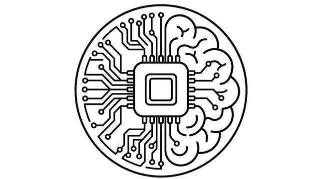 Circular emblem with brain and artificial intelligence chip.