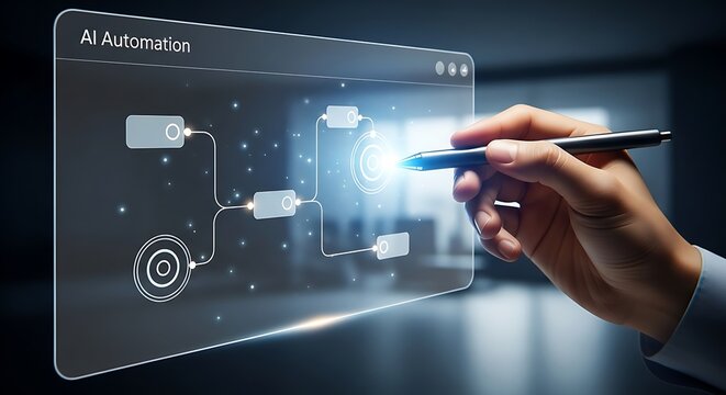Human hand using a stylus pen to control an ai automation process interface on a transparent digital screen in a modern office environment