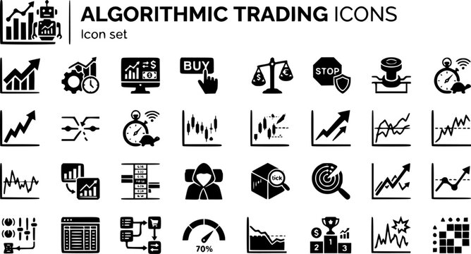 Algorithmic Trading Icon Set Signal Backtest Paper Trade Execute Position Size Risk Limit Kill Switch Latency Slippage Momentum Mean Reversion Arbitrage Order Book Dark Pool 25 Icons Editable Strokes 