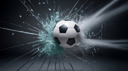 Fototapeta premium Soccer ball crashing through a shattered glass window with explosive effect