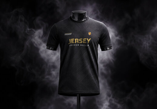 Black and Gold Soccer Jersey Mockup with Smoke Background