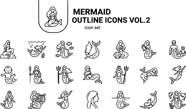 Mermaid Outline Icons Vol 2 Sitting Rock Swimming Fish Tail-Up Shell Combing Hair Male Mermen Family Baby Warrior Trident Crown Harp 20 Icons Editable Strokes Line Art Fantasy Vector