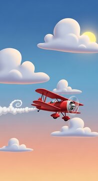 Whimsical red biplane soars through a pastel sky, trailing smoke
