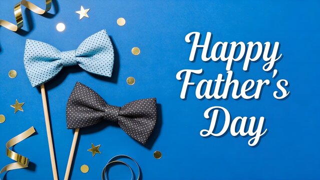 Two stylish bow ties displayed on wooden sticks with shiny gold confetti and ribbons against a vibrant blue background celebrating a happy father day event