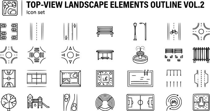Top-View Landscape Elements Outline Vol 2 Car Park Road Pedestrian Path Bench Lamp Bicycle Lane Crosswalk Roundabout Bus Stop Fountain Seating Pergola Basketball Tennis 25 Icons Editable Strokes Line 