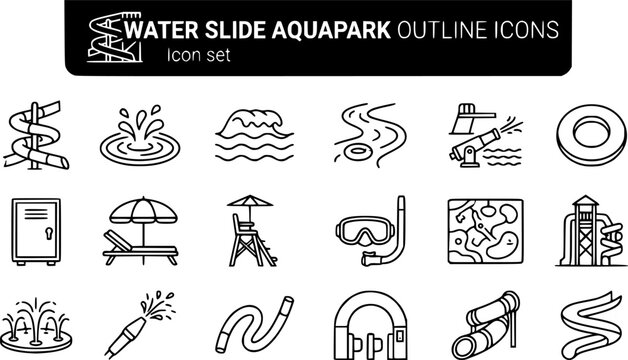 Water Slide Aquapark Outline Icon Set Water Slide Splash Pool Wave Lazy River Diving Board Cannon Inflatable Locker Sunbed Lifeguard Tower Snorkel 20 Icons Editable Strokes Line Art Vector