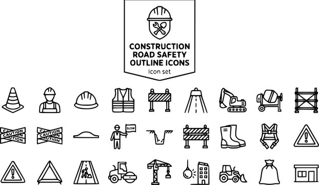 Construction Road Safety Outline Icon Set Traffic Cone Worker Hard Hat Safety Vest Barrier Excavator Cement Mixer Scaffolding Caution Speed Bump Flagger Trench 25 Icons Editable Strokes Line Art