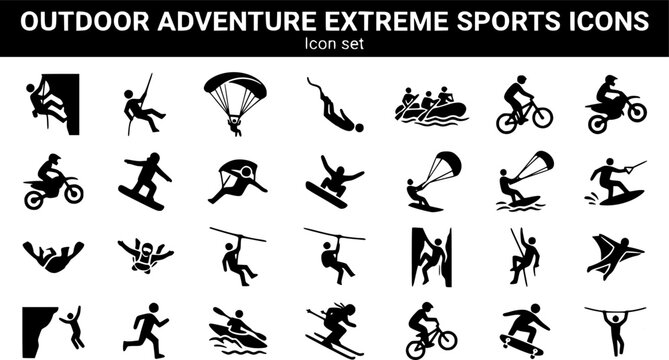 Outdoor Adventure Extreme Sports Silhouette Icon Set Rock Climbing Paragliding Bungee Jump Rafting Mountain Biking Motocross Snowboarding Base Jumping Kitesurfing 25 Icons Editable Strokes Flat Vector