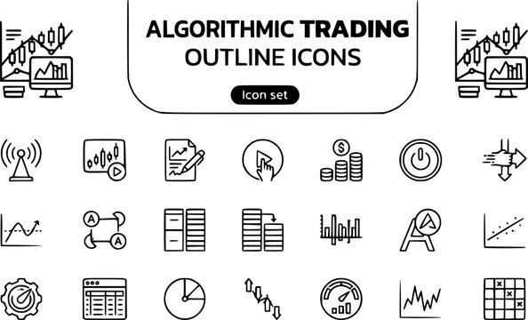 Algorithmic Trading Outline Icon Set Signal Backtest Paper Trade Execute Position Size Risk Limit Kill Switch Latency Slippage Momentum Mean Reversion Arbitrage Order Book Dark Pool 25 Icons Editable 