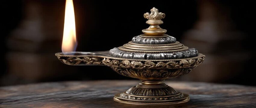 Discovering the history of an antique oil lamp with intricate design and a bright flame in a darkened room