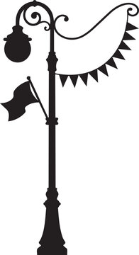 Black and white decorative street lamp with flags and bunting isolated on transparent background, Vector