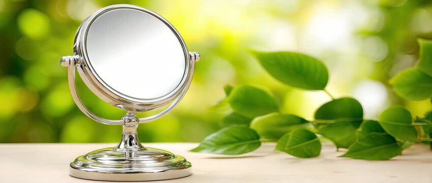 Mirror sits on a table surrounded by green leaves in a sunny outdoor setting showing reflections of nature in the background