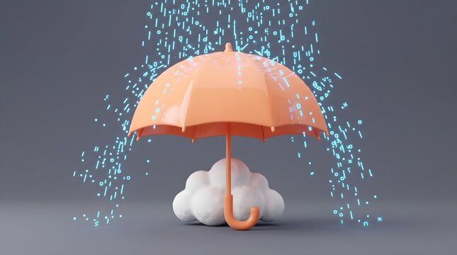 Glossy 3D umbrella protecting a cloud structure illustration
