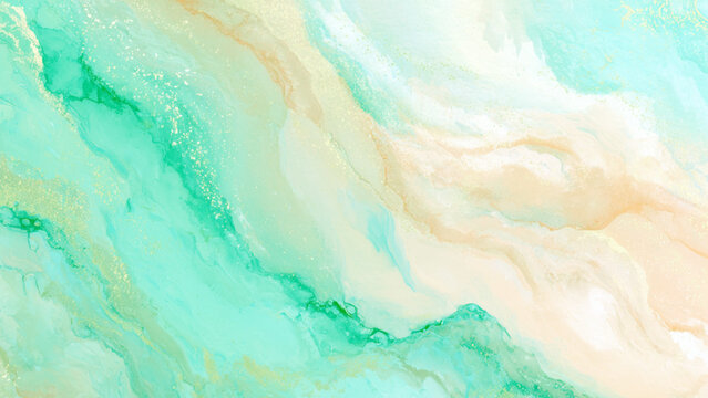 abstract marble background with swirling turquoise, mint green, beige and white tones creating fluid organic textured artistic design