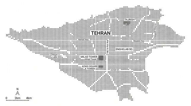 Opened ingredientMinimalist dotted grid map of Tehran, Iran, featuring a black and white halftone style city outline with landmarks, highways, and a scale indicator.