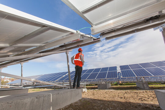 Power engineer looking at power cabling at solar photovoltaic array