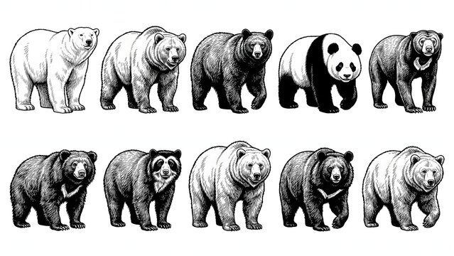 Hand drawn vector illustrations of different types of bears walking isolated on white background