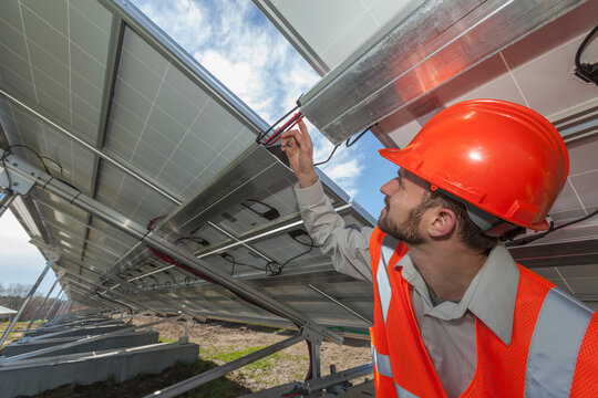 Power engineer examining power cabling of solar photovoltaic array
