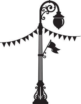 Black vintage street lamp with decorative flags and lantern isolated on transparent background, Vector