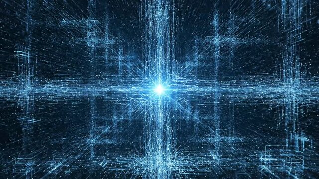 Abstract big data network grid with glowing light particles.
