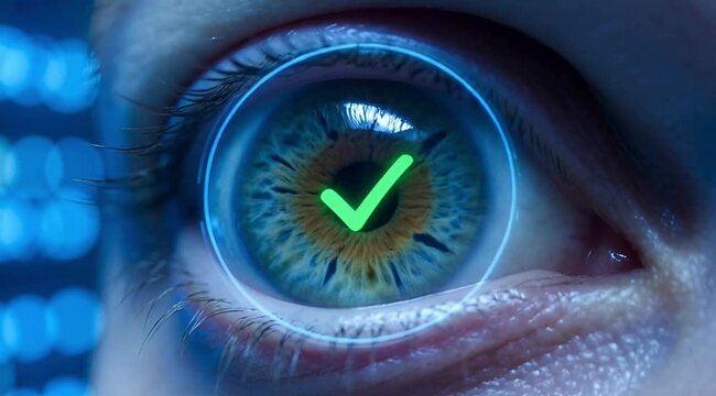 A close up of a human eye with a glowing green checkmark overlay representing biometric retina scanning secure identity authentication