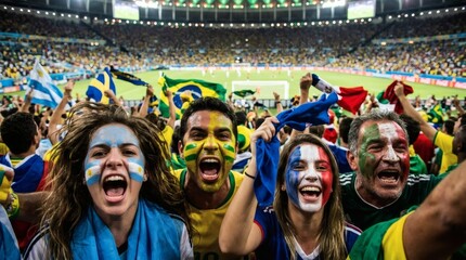 Fototapeta premium Enthusiastic soccer fans with painted faces cheering at a stadium