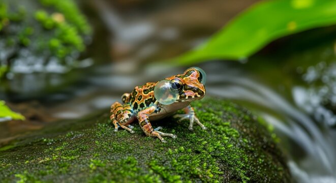 Tiny patterned frog with inflated vocal sacs on mossy rock near water
