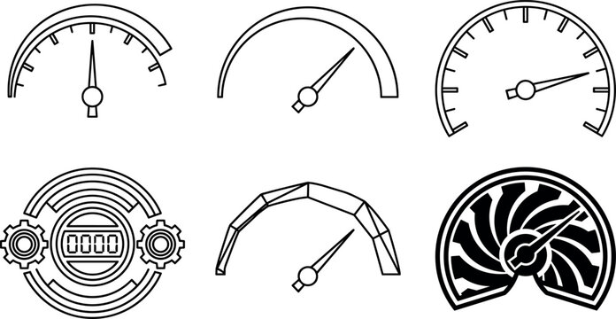 Speedometer Gauge Icon Collection with Dashboard Meters, Automotive Measurement Dials, Performance Indicators, and Modern Outline Vector Design Elements
