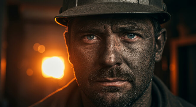 Miner looking at camera with face covered in coal dust wearing hard hat. Portrait of exhausted man working in industry. Concept of dangerous labor and struggle in mining environment.