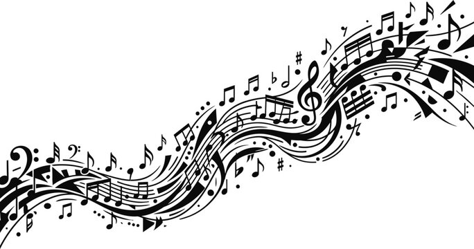 Abstract flowing musical staff with various musical notes.