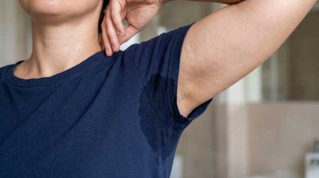 Person with sweaty armpit and neck in blue t shirt closeup
