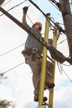 Tradesman standing on a ladder working with overhead cables