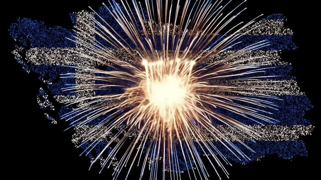 A festive display of fireworks shaped to resemble the pattern of a flag against a dark night sky