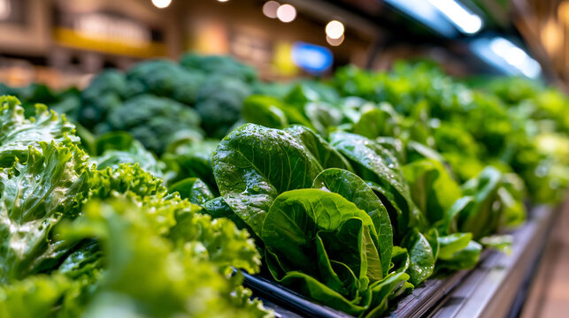 Fresh produce department wet wall featuring lush leafy green vegetables glistening with water mist, neatly organized in refrigerated display, defocused grocery store interior in
