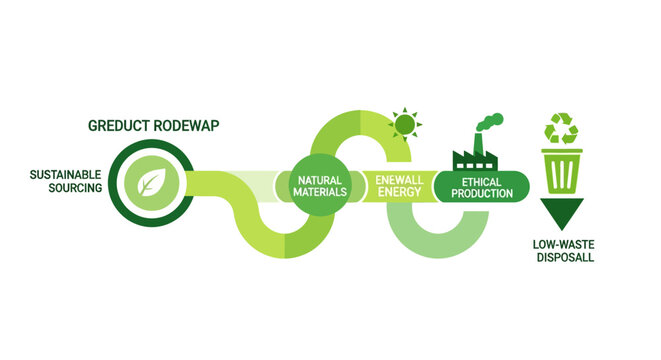 Sustainable Product Roadmap Infographic Illustrating Eco-Friendly Business Lifecycle from Sustainable Sourcing to Low-Waste Disposal