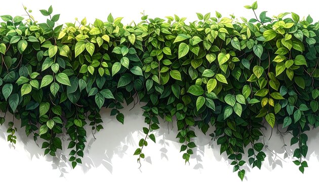 Lush, verdant ivy cascades from above, creating a living wall effect against a stark white backdrop, with vibrant shades of green