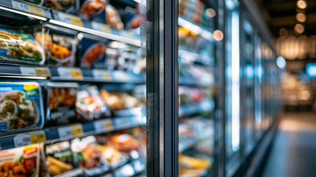 Wide view of a supermarket frozen foods aisle glass doors, variety of frozen appetizers and snack items fully stocked, condensation on glass, defocused store corridor in