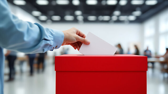 Person putting ballot paper into red voting box in polling station