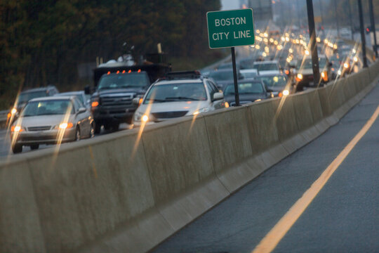 Rush hour traffic on Mass Pike toward Newton in Boston