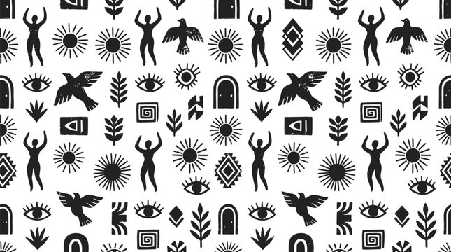 Tribal pattern vector illustration featuring minimalist suns birds human figures and abstract geometric folk symbols