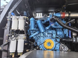 Obraz premium Close up view of modern heavy duty industrial diesel engine internal components for repair service