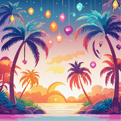 Obraz premium Tropical sunset with palm trees and hanging lights, vibrant colors, coastal paradise