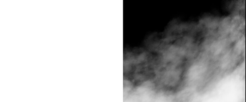 Atmospheric white smoke on black background, ethereal steam clouds and mist texture, cinematic fog effect for overlay and design