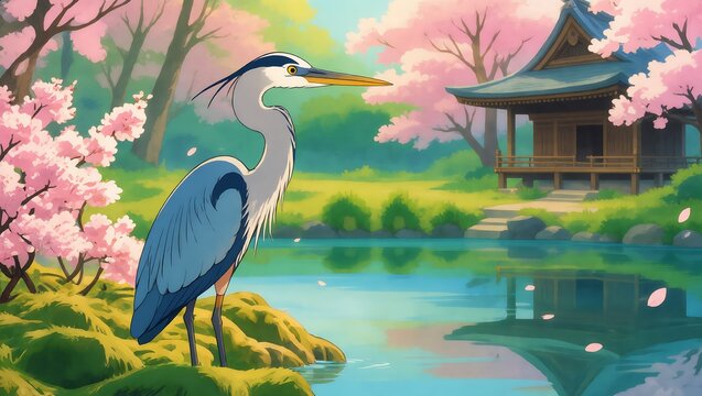Grey heron standing by a pond near a Japanese temple in spring