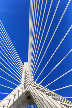Detail of the cabling and tower on the bridge, Leonard P. Zakim Bunker Hill Memorial Bridge